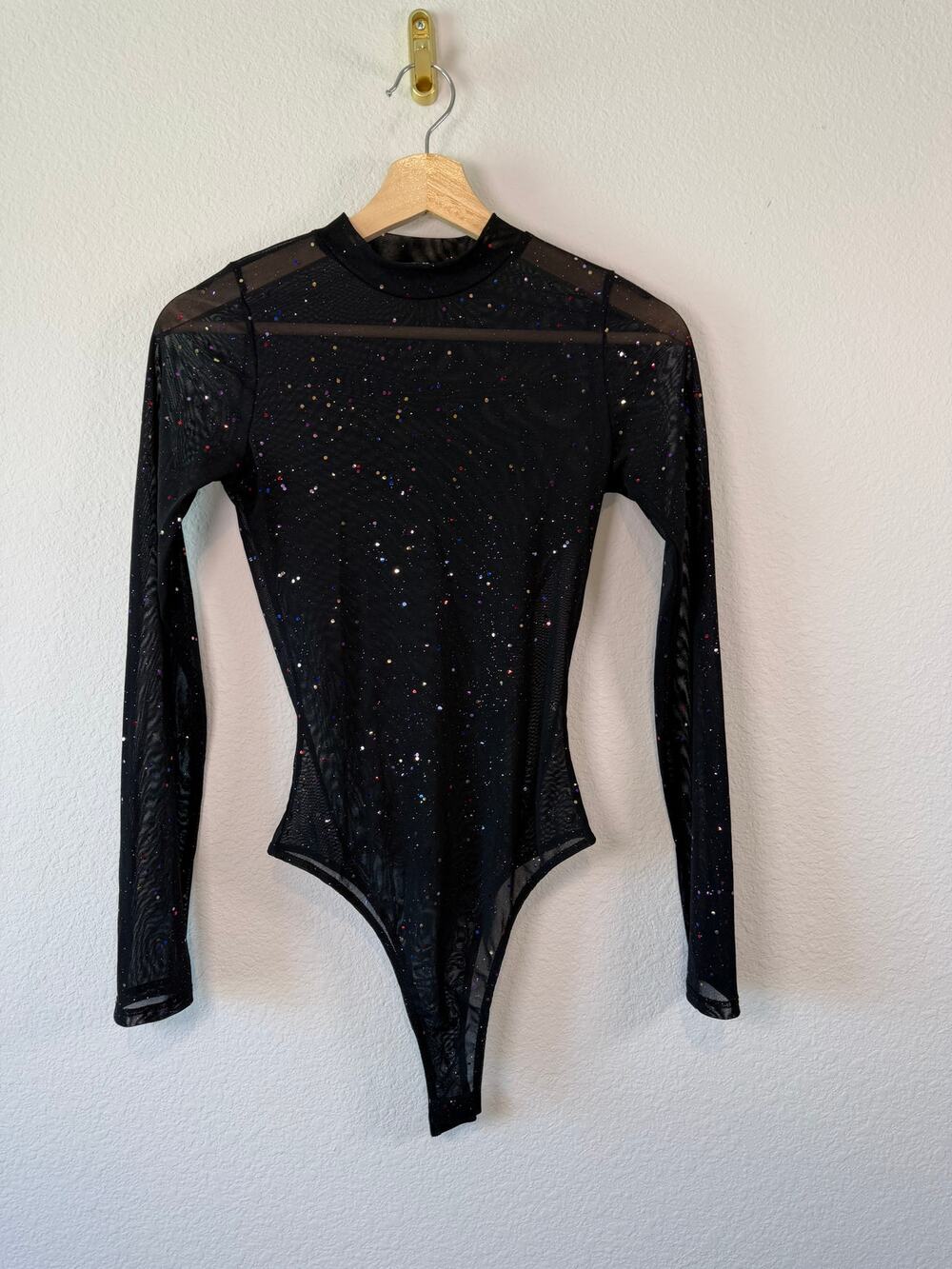 Lulus Black Sheer Mesh Multicolor Confetti Sequin Mock Neck  Bodysuit XS